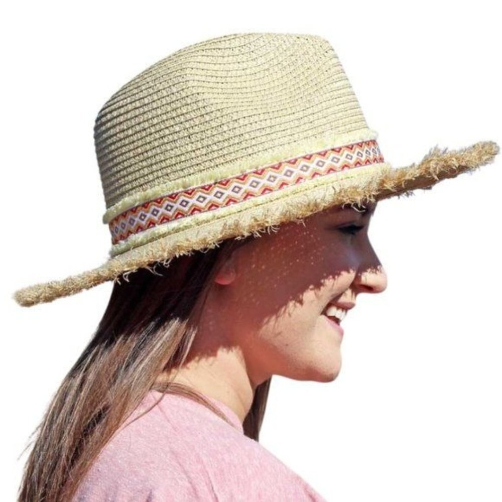 Pinch Front Straw Fedora Sun Hat Natural Southwestern Band OS NWT